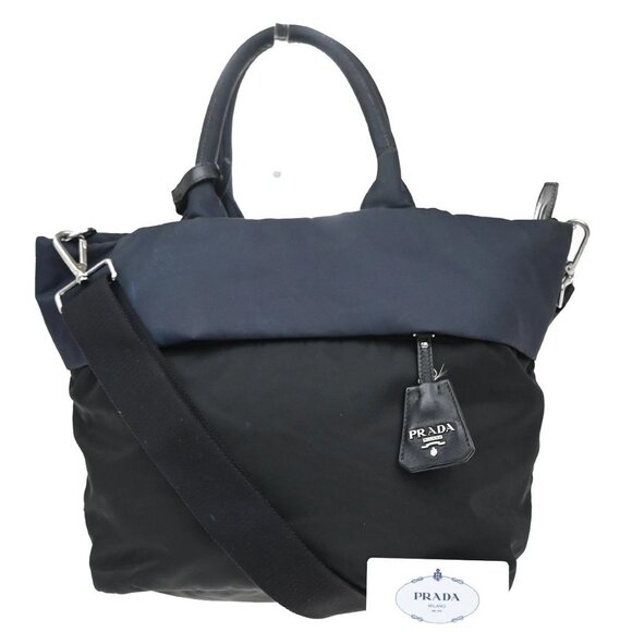 PRADA Tessuto Bicolor 2Way Shoulder Hand Bag Nylon Leather Black Blue 84EF747 - Picture 1 of 15